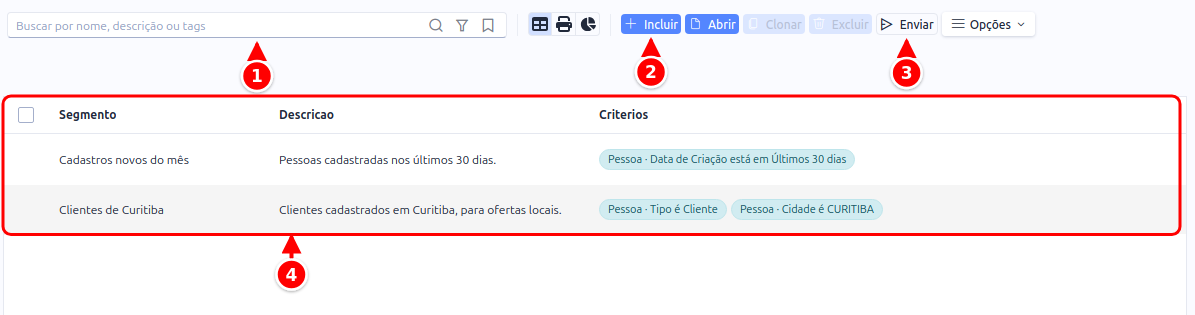Listagem de Segmentos com a busca, os botões Incluir e Enviar e a grade de segmentos, numerados de 1 a 4