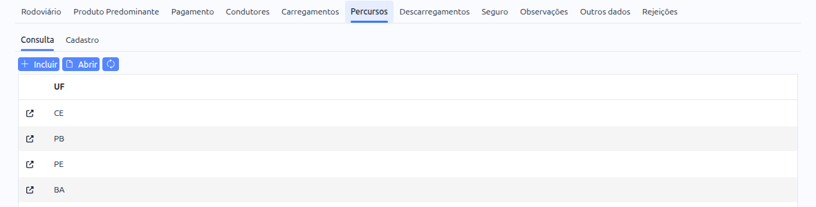 Aba Percursos do MDF-e, com as UFs do trajeto
