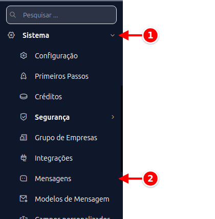 Menu lateral com Sistema e Mensagens numerados de 1 a 2
