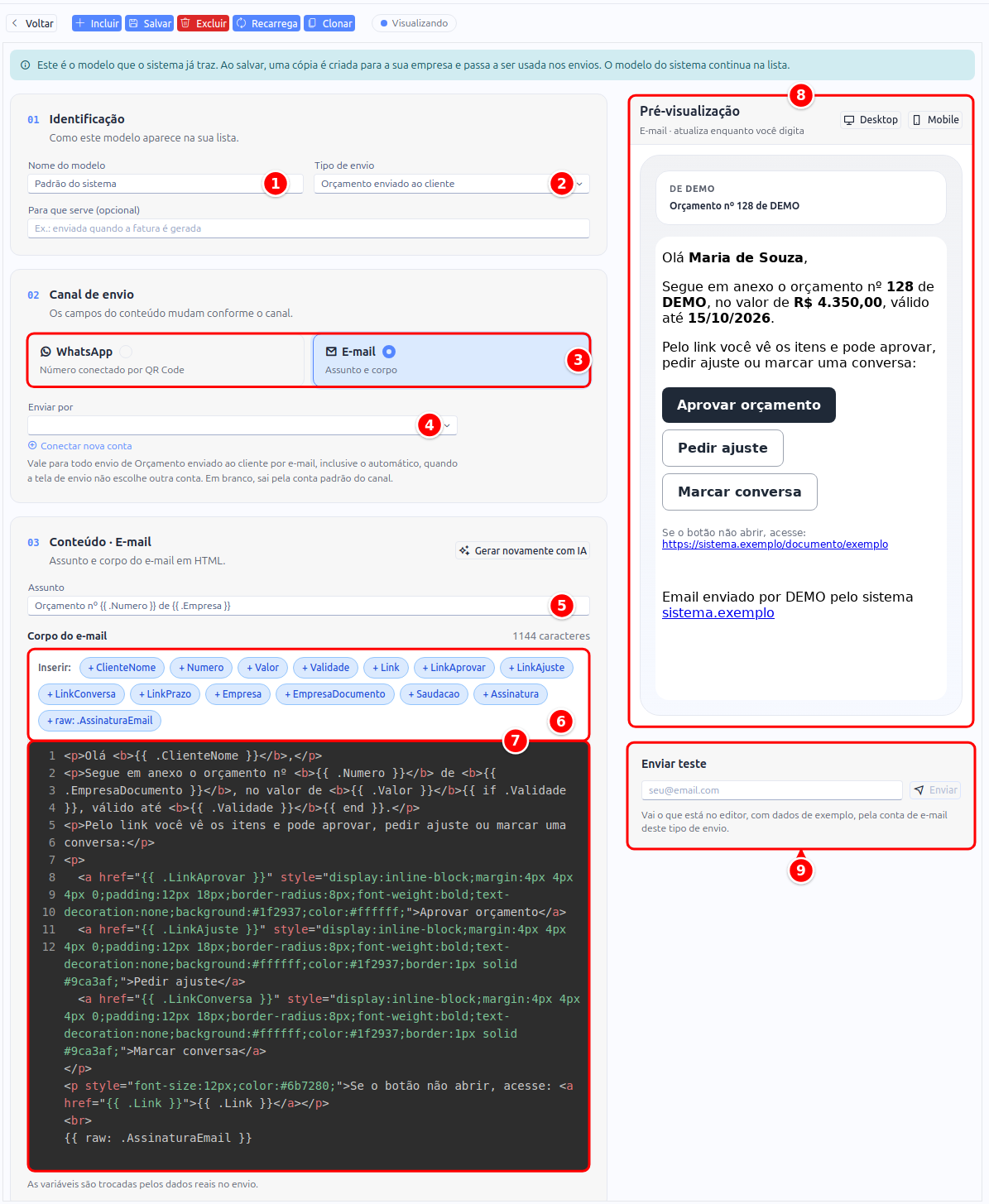 Modelo de mensagem com o nome, o tipo de envio, o canal, o campo Enviar por, o assunto, as variáveis, o corpo, a pré-visualização e o envio de teste numerados de 1 a 9