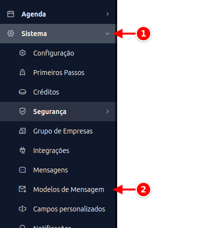 Menu lateral com Sistema e Modelos de Mensagem numerados de 1 a 2