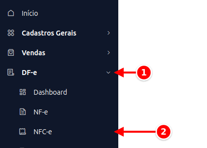Menu lateral com DF-e e NFC-e numerados de 1 a 2