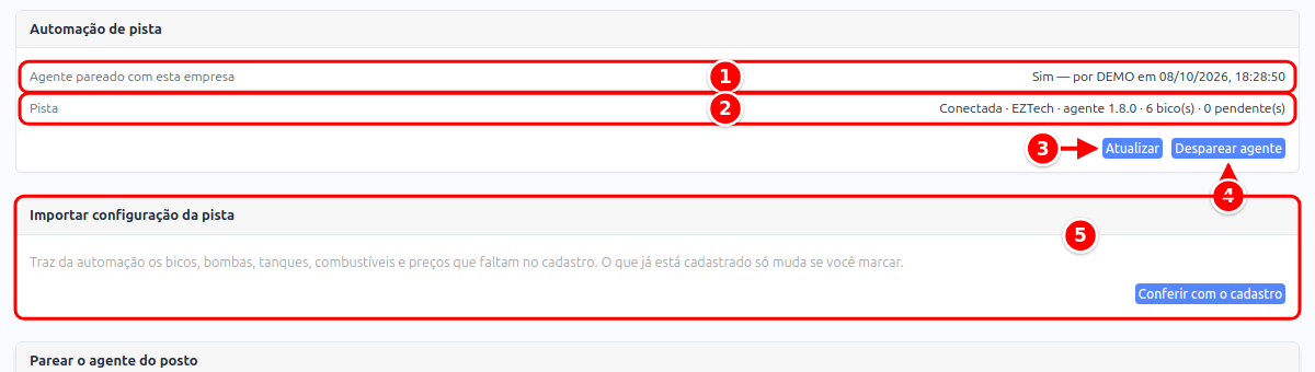 Tela Automação de pista com o agente pareado, a pista conectada, os botões Atualizar e Desparear agente e o quadro Importar configuração da pista numerados de 1 a 5