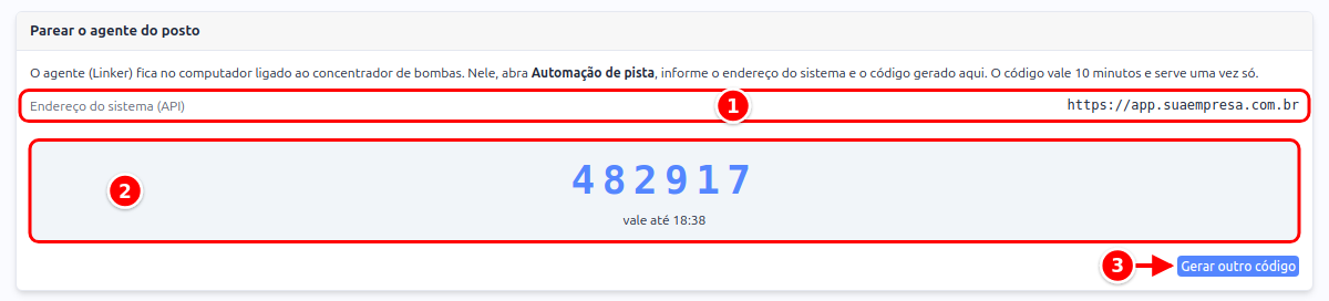 Quadro Parear o agente do posto com o endereço do sistema, o código de pareamento e o botão Gerar outro código numerados de 1 a 3
