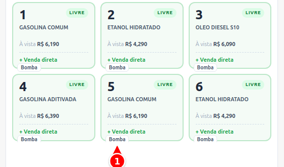 Cartões dos bicos do PDV da pista com o botão Bomba no bico 5 numerado de 1 a 1