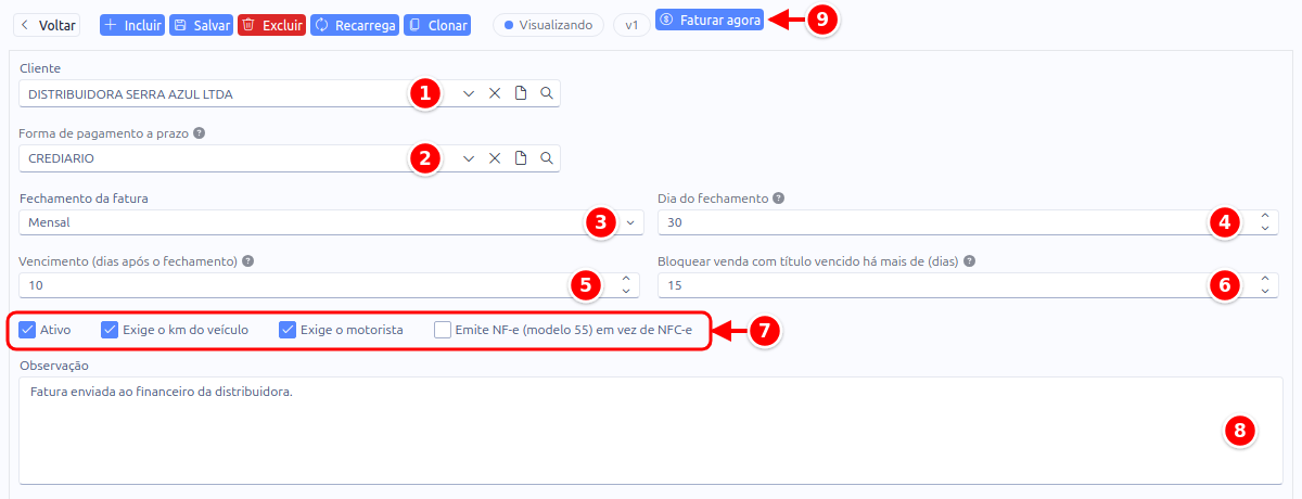 Cadastro do convênio com o cliente, a forma de pagamento, o fechamento, o vencimento, as opções do caixa, a observação e o botão Faturar agora numerados de 1 a 9