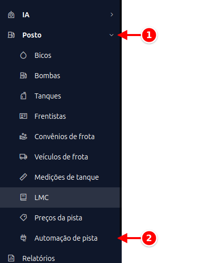 Menu lateral com Posto e Automação de pista numerados de 1 a 2