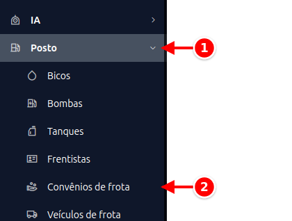 Menu lateral com Posto e Convênios de frota numerados de 1 a 2