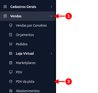 Menu lateral com Vendas e PDV da pista numerados de 1 a 2