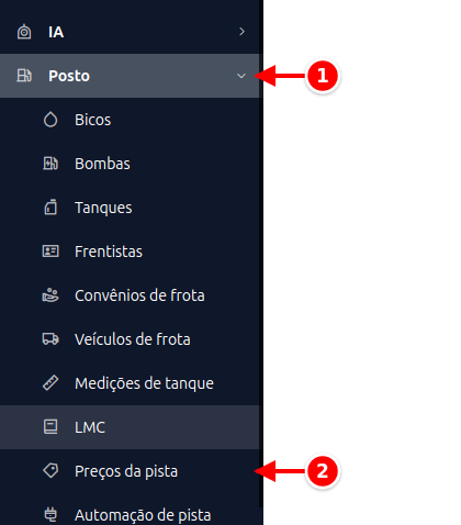 Menu lateral com Posto e Preços da pista numerados de 1 a 2