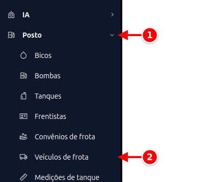 Menu lateral com Posto e Veículos de frota numerados de 1 a 2