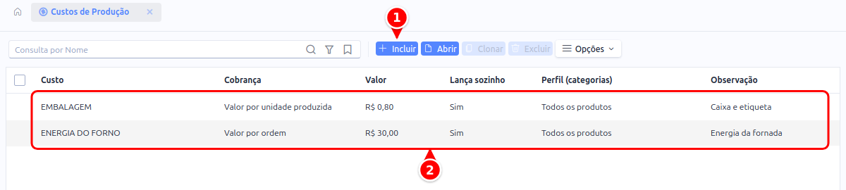Listagem de custos de produção com o botão Incluir e a grade numerados de 1 a 2
