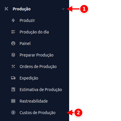 Menu lateral com Produção e Custos de Produção numerados de 1 a 2