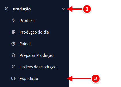 Menu lateral com Produção e Expedição numerados de 1 a 2