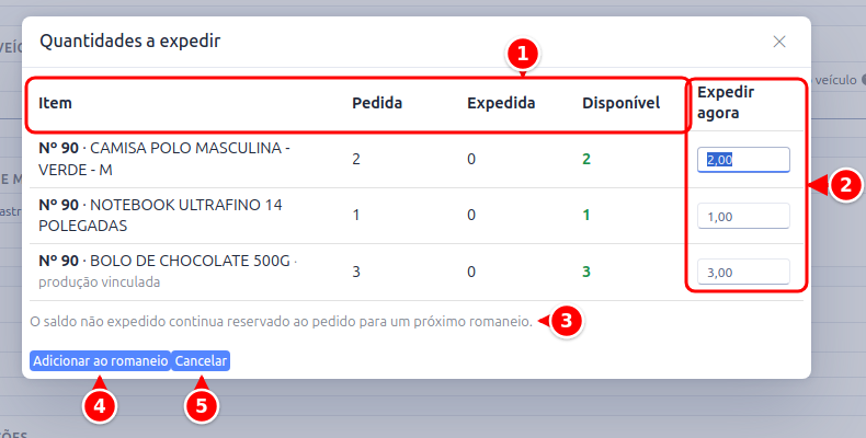 Janela Quantidades a expedir, com as colunas Item, Pedida, Expedida e Disponível, a coluna Expedir agora, o aviso e os botões Adicionar ao romaneio e Cancelar, numerados de 1 a 5