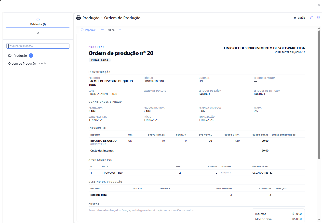 Impressão da ordem de produção com identificação, quantidades, insumos, apontamentos e destino