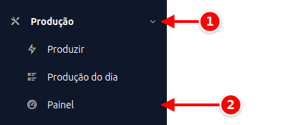 Menu lateral com Produção e Painel numerados de 1 a 2