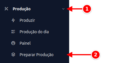 Menu lateral com Produção e Preparar Produção numerados de 1 a 2