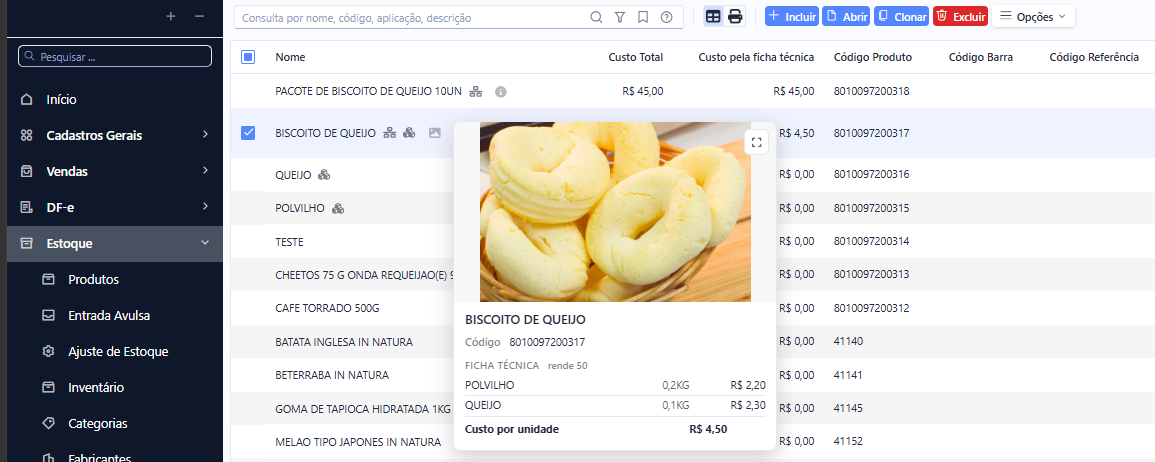 Resumo do produto na listagem, com a ficha técnica e o custo por unidade