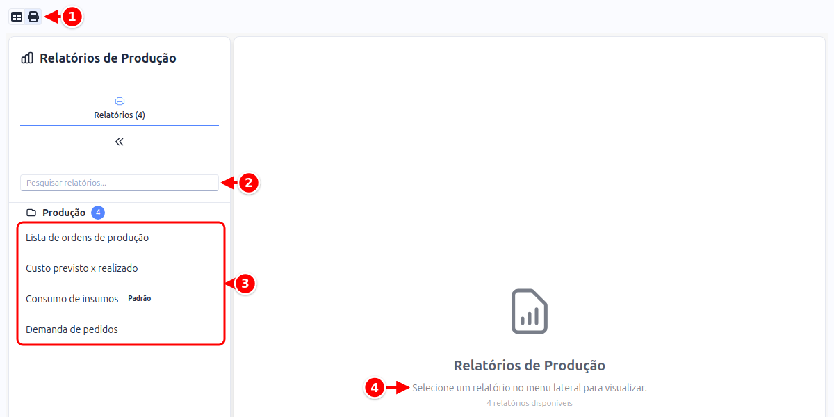 Tela de relatórios de produção com o botão Relatórios, a pesquisa, a lista de relatórios e a área do relatório numerados de 1 a 4