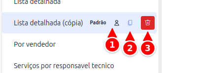 Relatório da empresa com o mouse sobre ele, mostrando o ícone de relatório personalizado, o de duplicar e o de excluir numerados de 1 a 3
