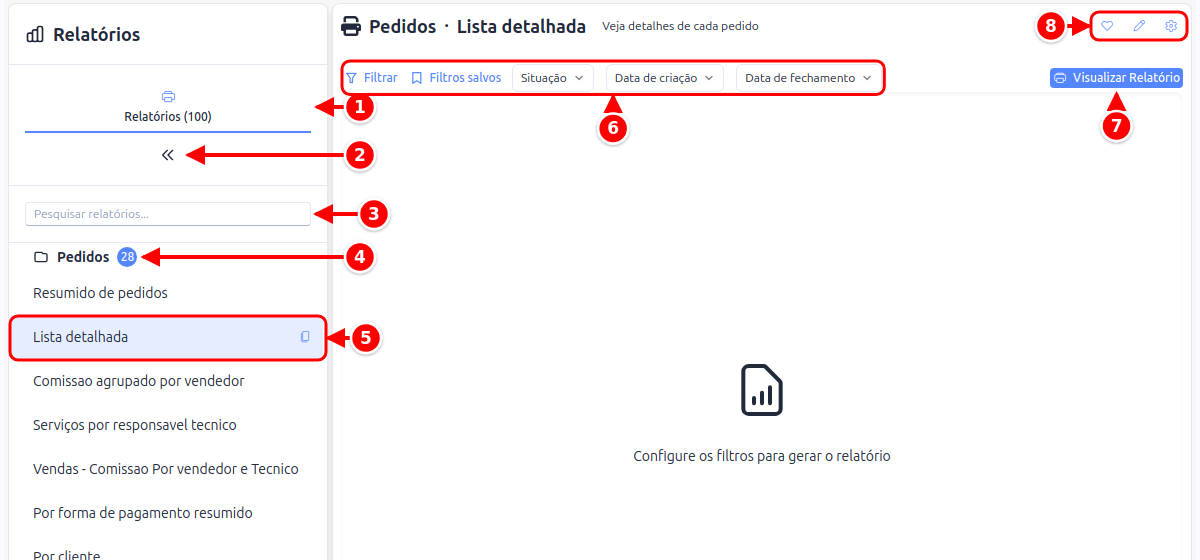 Tela de Relatórios com a aba, o botão de minimizar, a busca, a categoria, o relatório selecionado, os filtros, o botão Visualizar Relatório e os ícones do relatório numerados de 1 a 8