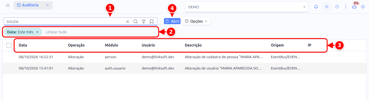 Listagem de Auditoria com a consulta, o filtro de data, as colunas e o botão Abrir numerados de 1 a 4