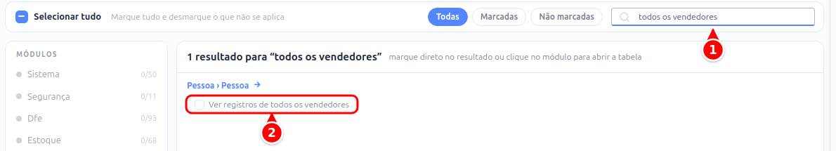 Filtro de permissões do grupo mostrando a permissão Ver registros de todos os vendedores do módulo Pessoa numerados de 1 a 2