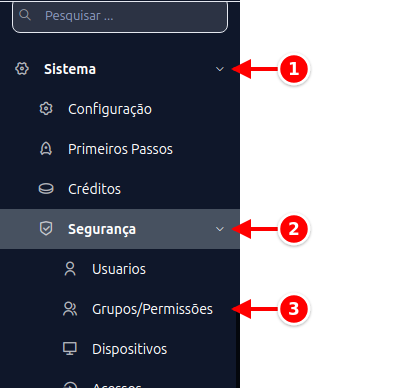 Menu lateral com Sistema, Segurança e Grupos/Permissões numerados de 1 a 3