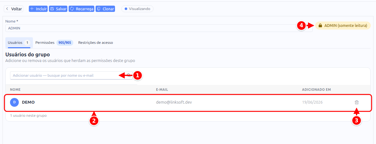 Aba Usuários do grupo com o campo Adicionar usuário, a lista de quem faz parte, a lixeira e o aviso de somente leitura numerados de 1 a 4