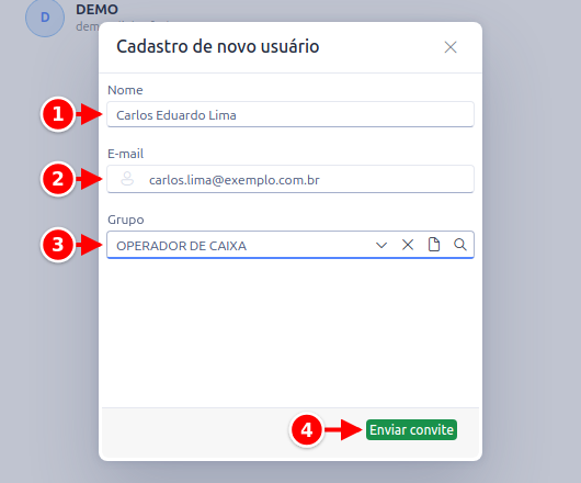 Janela Cadastro de novo usuário com Nome, E-mail, Grupo e o botão Enviar convite numerados de 1 a 4