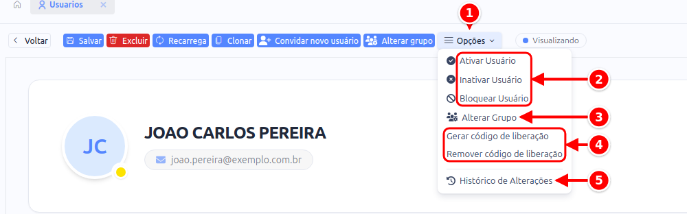 Menu Opções da ficha do usuário com Ativar, Inativar e Bloquear, Alterar Grupo, os códigos de liberação e o Histórico de Alterações numerados de 1 a 5