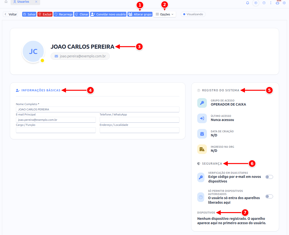 Ficha do usuário com os botões Alterar grupo e Opções, o cabeçalho, as informações básicas, o registro do sistema, a segurança e os dispositivos numerados de 1 a 7