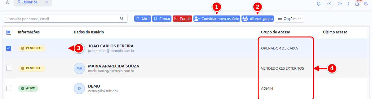 Listagem de usuários com os botões Convidar novo usuário e Alterar grupo, a situação e o grupo de acesso numerados de 1 a 4