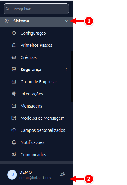 Menu lateral com Sistema e Sequenciais numerados de 1 a 2