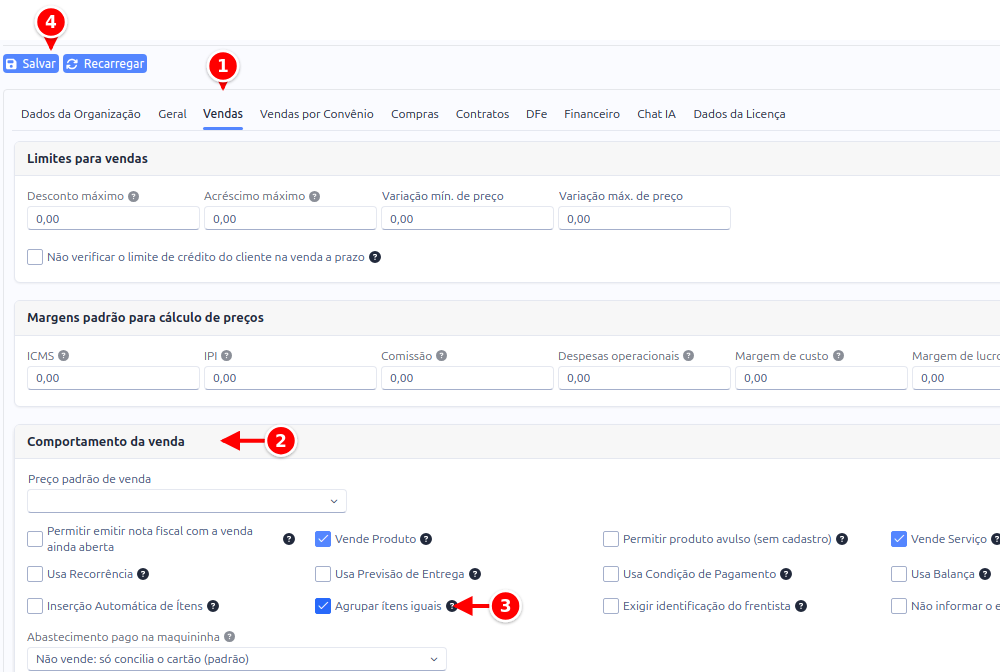 Configuração de vendas com a aba Vendas, o quadro Comportamento da venda, a opção Agrupar ítens iguais e o botão Salvar numerados de 1 a 4