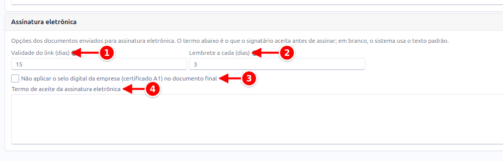 Card Assinatura eletrônica da configuração com a validade do link, o lembrete, o selo digital e o termo de aceite numerados de 1 a 4
