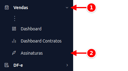 Menu lateral com Vendas e Assinaturas numerados de 1 a 2