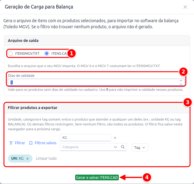 Janela Geração de Carga para Balança com o arquivo de saída, os dias de validade, o filtro e o botão Gerar e salvar numerados de 1 a 4