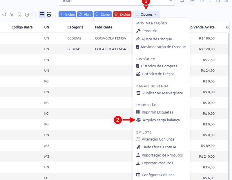 Menu Opções da tela de Produtos com o botão Opções e o item Arquivo carga balança numerados de 1 a 2