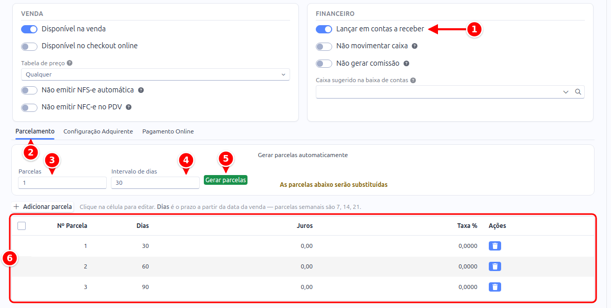 Forma de pagamento de cartão com a chave Lançar em contas a receber, a aba Parcelamento, os campos de geração e a grade de parcelas numerados de 1 a 6