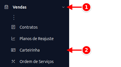 Menu lateral com Vendas e Carteirinha numerados de 1 a 2