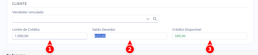 Seção Cliente do cadastro com o limite de crédito, o saldo devedor e o crédito disponível numerados de 1 a 3