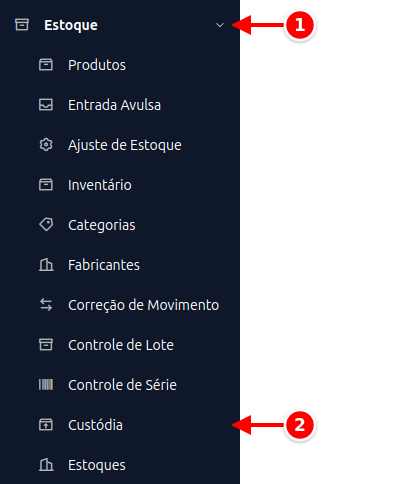 Menu lateral com Estoque e Custódia numerados de 1 a 2