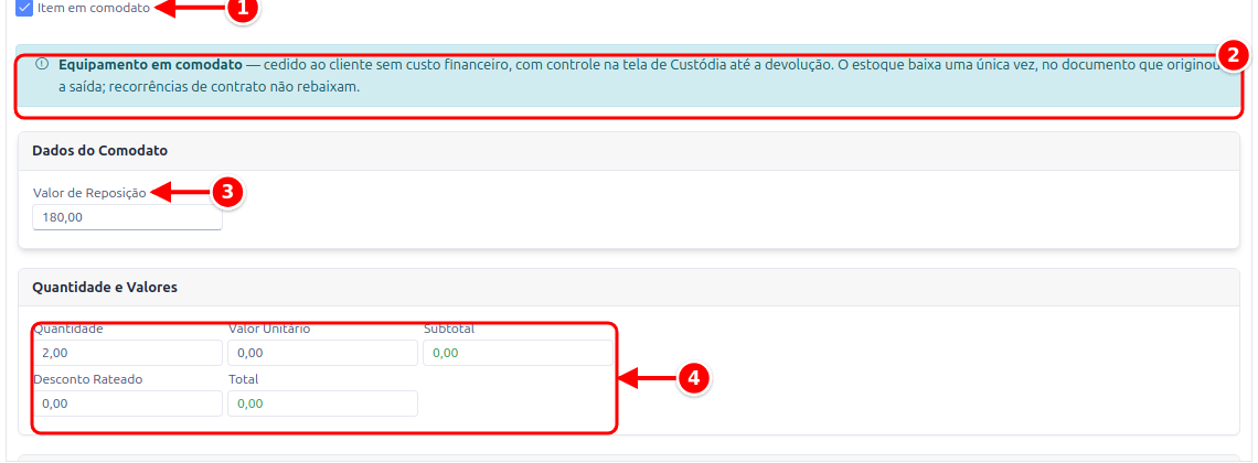 Formulário do item com a opção Item em comodato, o aviso explicativo, o Valor de Reposição e os valores zerados numerados de 1 a 4