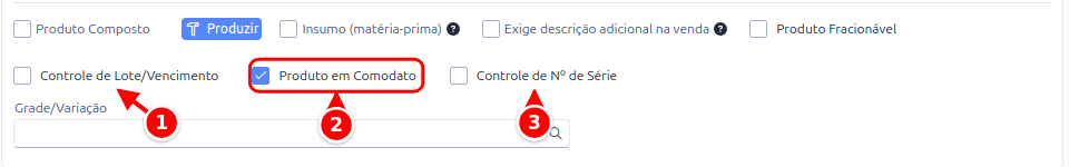 Linha de marcadores do cadastro do produto com Controle de Lote/Vencimento, Produto em Comodato e Controle de Nº de Série numerados de 1 a 3