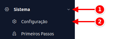 Menu lateral com Sistema e Configuração numerados de 1 a 2