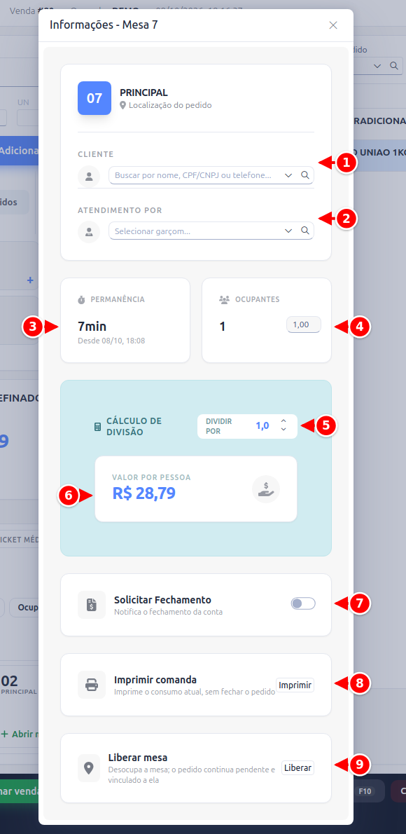 Janela Informações da mesa com o cliente, o atendimento, a permanência, os ocupantes, a divisão da conta e as ações numerados de 1 a 9