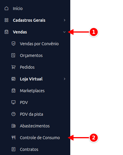 Menu lateral com Vendas e Controle de Consumo numerados de 1 a 2