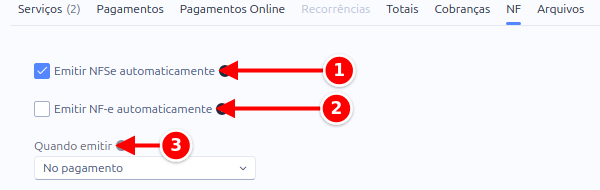 Aba NF com Emitir NFSe automaticamente marcada, Emitir NF-e automaticamente e o campo Quando emitir numerados de 1 a 3